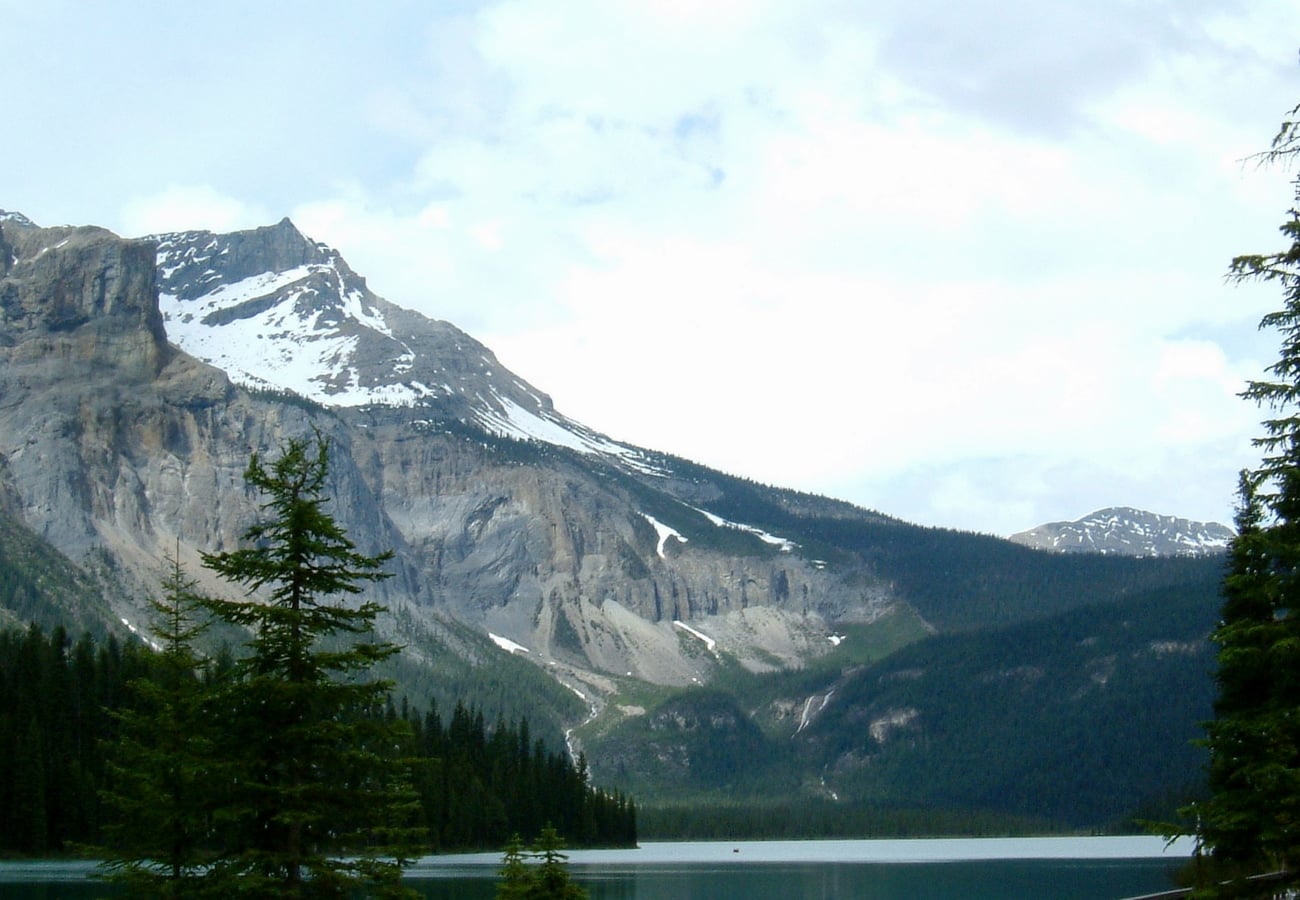 Emerald Lake in Yoho National Park with towering mountains