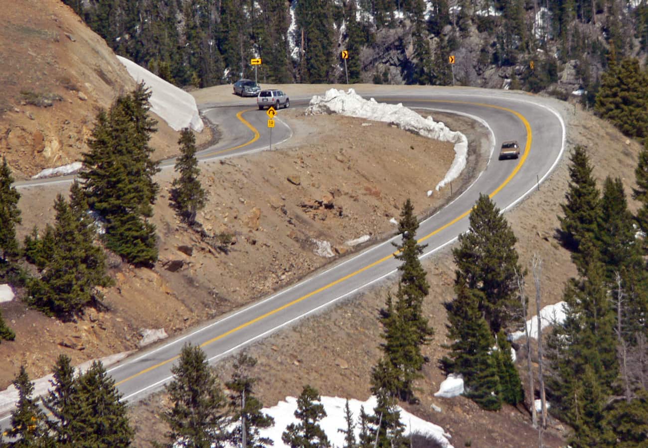 Steep switchbacks on Colorado State Highway 82 ascending toward Independence Pass