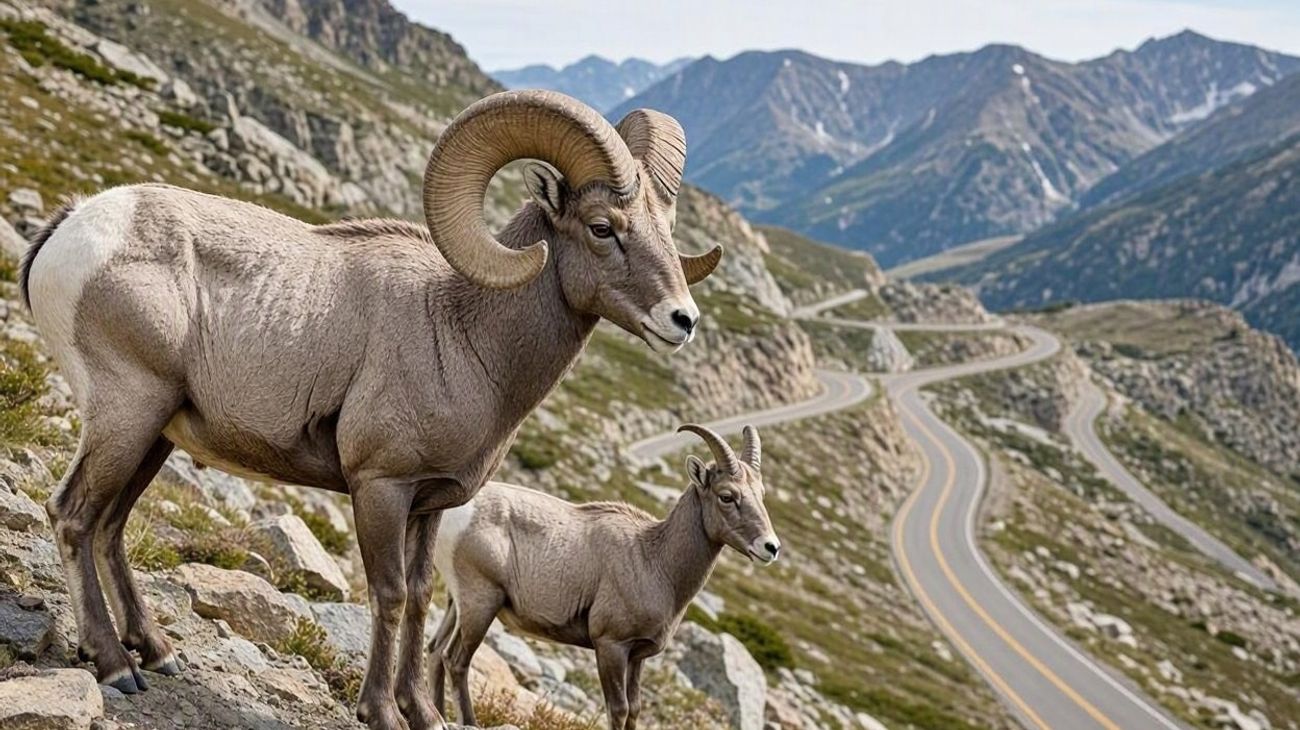 Mount Blue Sky scenic highway ascending switchbacks above 14,000 feet with bighorn sheep in Colorado