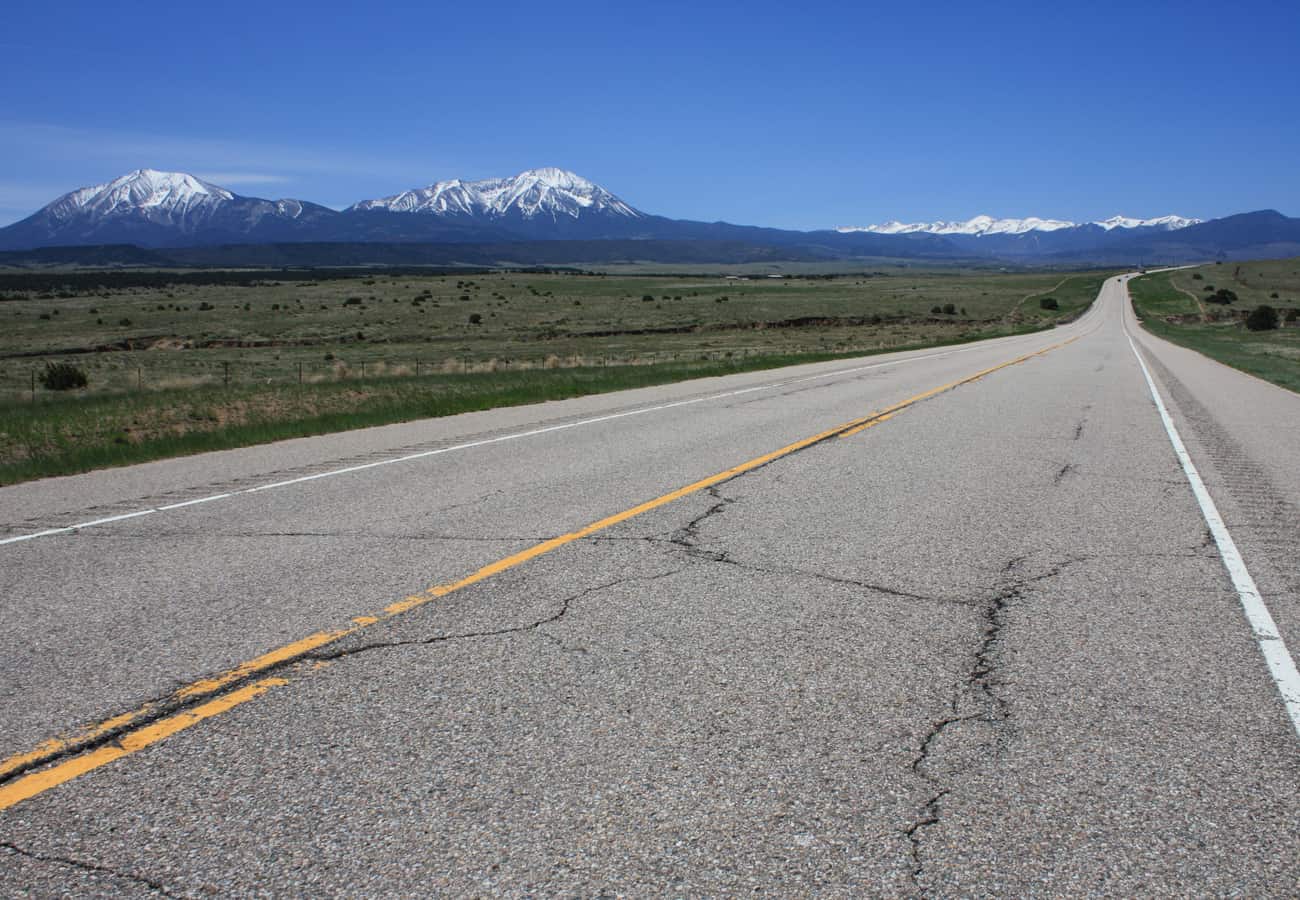 The East and West Spanish Peaks towering over the southern Colorado mountain highway corridor