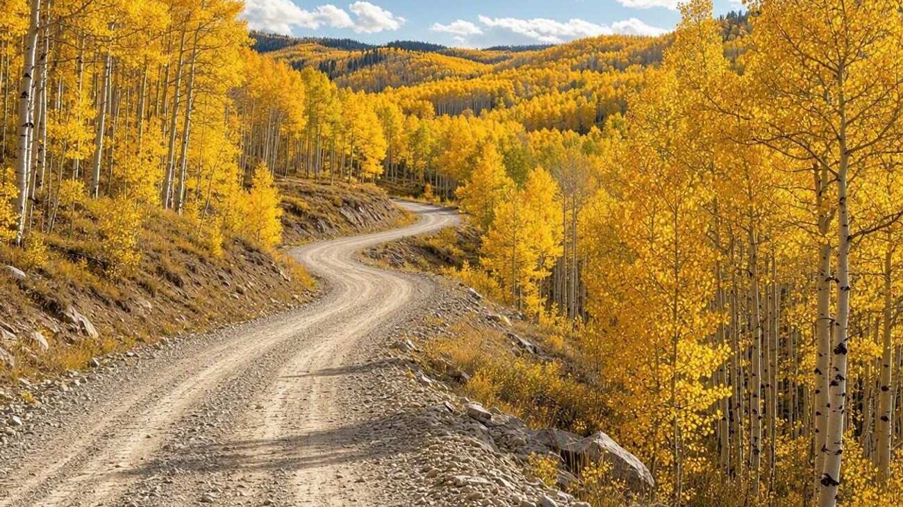 Kebler Pass Colorado winding gravel road through colossal golden yellow aspen forest in autumn