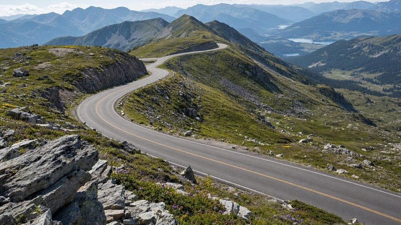 Trail Ridge Road in Rocky Mountain National Park winding above alpine treeline with sweeping mountain peaks
