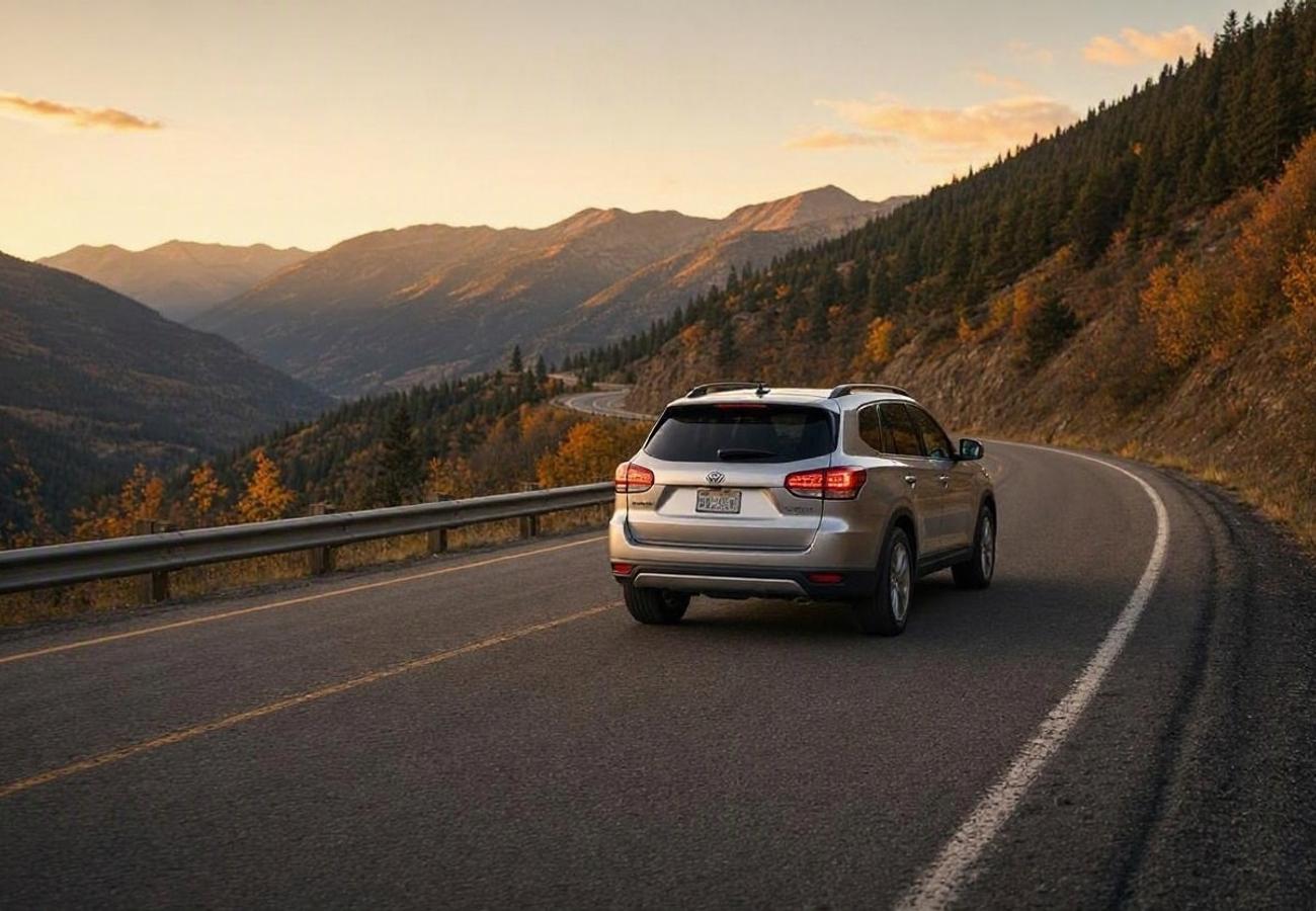A scenic highway winding through towering Colorado Rocky Mountain peaks surrounded by golden autumn aspen trees