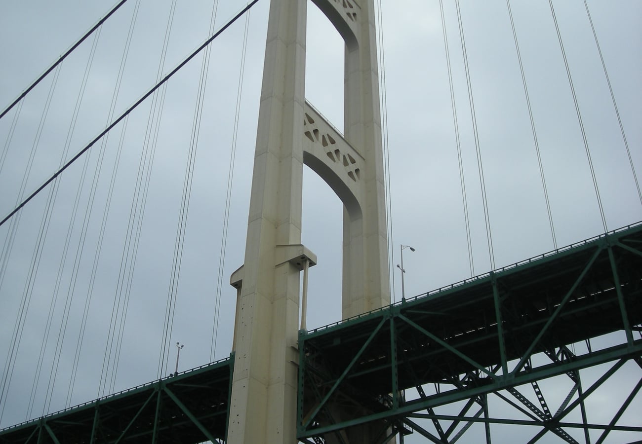Soaring suspension spans of the Mackinac Bridge connecting Michigan's peninsulas
