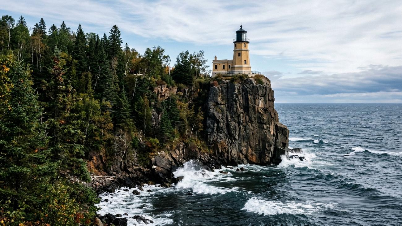 Split Rock Lighthouse perched on a sheer 130-foot basalt cliff above Lake Superior in Minnesota