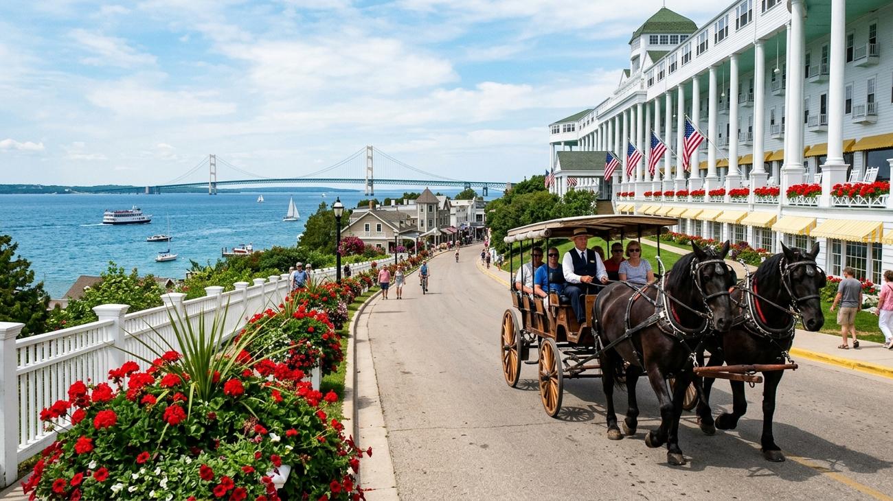 Mackinac Island Michigan with horse drawn carriage and the Grand Hotel overlooking the Straits of Mackinac