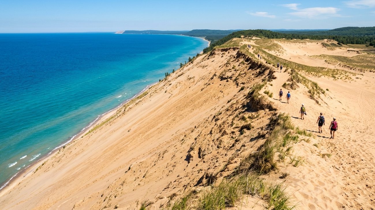Sleeping Bear Dunes National Lakeshore golden sand bluffs dropping 450 feet into bright blue Lake Michigan