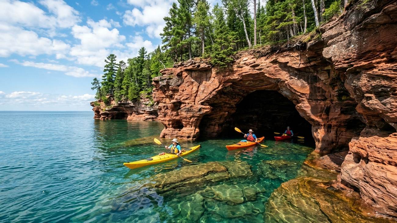 Kayakers paddling through red sandstone sea caves and natural arches at Apostle Islands National Lakeshore in Bayfield Wisconsin