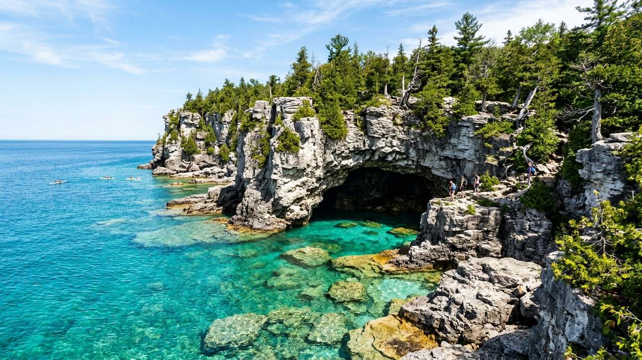 The Grotto at Bruce Peninsula National Park with crystal clear turquoise water inside a natural sea cave