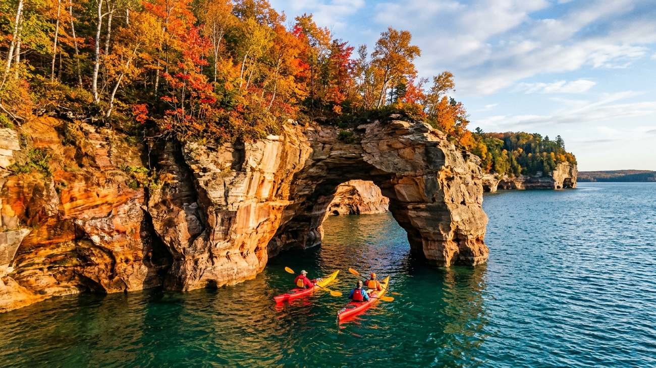 Dramatic colorful sandstone cliffs of Pictured Rocks National Lakeshore along the turquoise waters of Lake Superior with sea kayakers in autumn