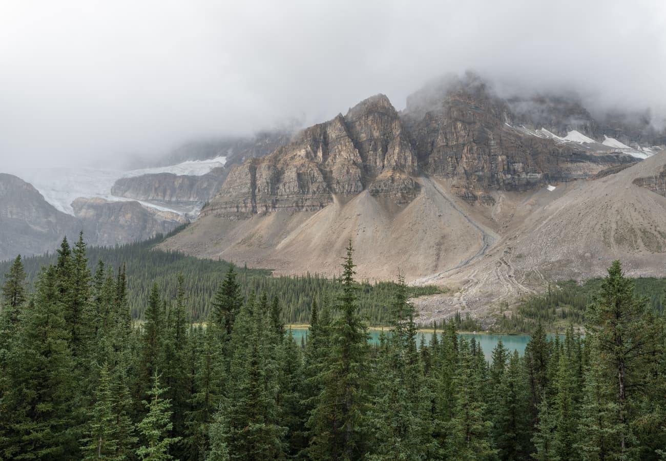 Looking south toward Crowfoot Glacier clinging to sheer rock ledges high above the Icefields Parkway