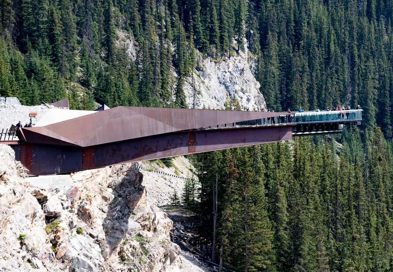 The glass-bottomed observation platform of the Glacier Skywalk suspended 918 feet above the Sunwapta River canyon