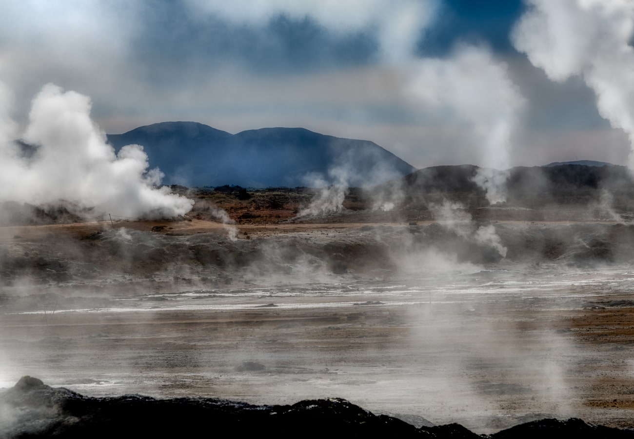 Steaming sulfur fumaroles and ochre mineral plains at Hverir geothermal field