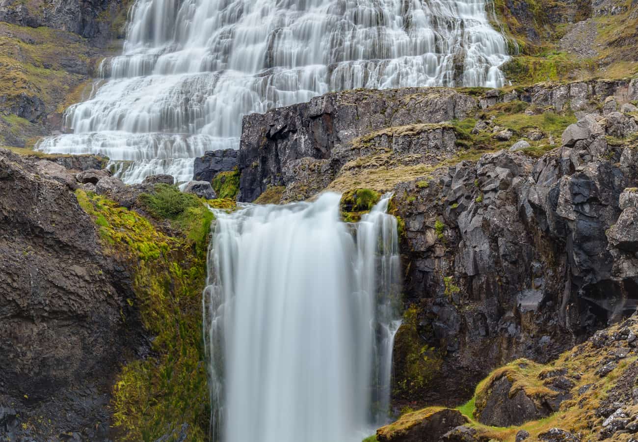 The grand tiered waterfall of Dynjandi cascading like a bridal veil in the Westfjords