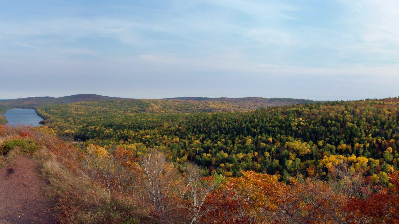 Panoramic view of Brockway Mountain Drive and the Keweenaw Peninsula ridge