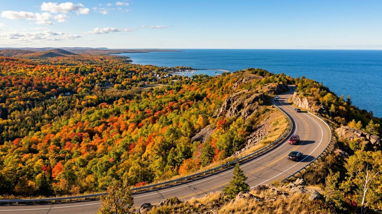 Spectacular panoramic view from Brockway Mountain Drive in Copper Harbor Michigan Upper Peninsula over Lake Superior in autumn