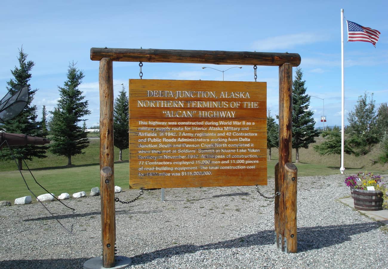 Historic monument marking the end of the Alaska Highway in Delta Junction