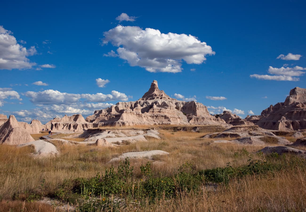 Eroded geological ridges and layered canyon walls in Badlands National Park