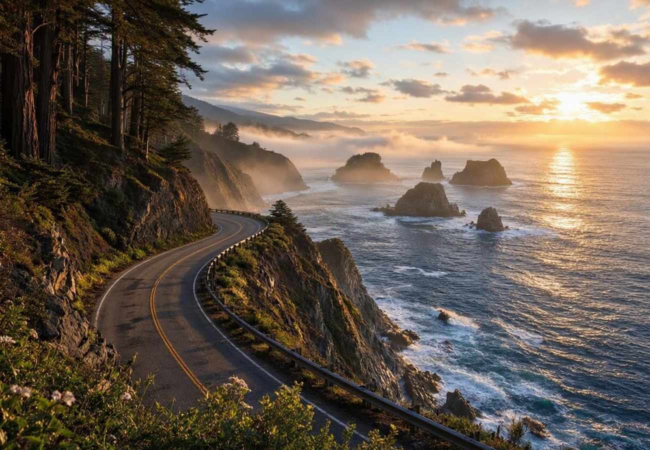 The Pacific Coast Highway hugging coastal sea cliffs overlooking crashing Pacific waves