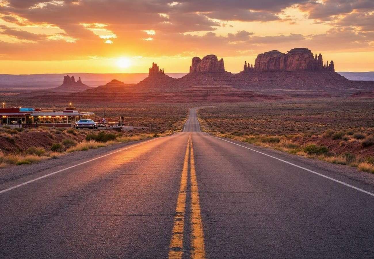 Historic Route 66 cutting through the American Southwest at sunset with vintage roadside diners