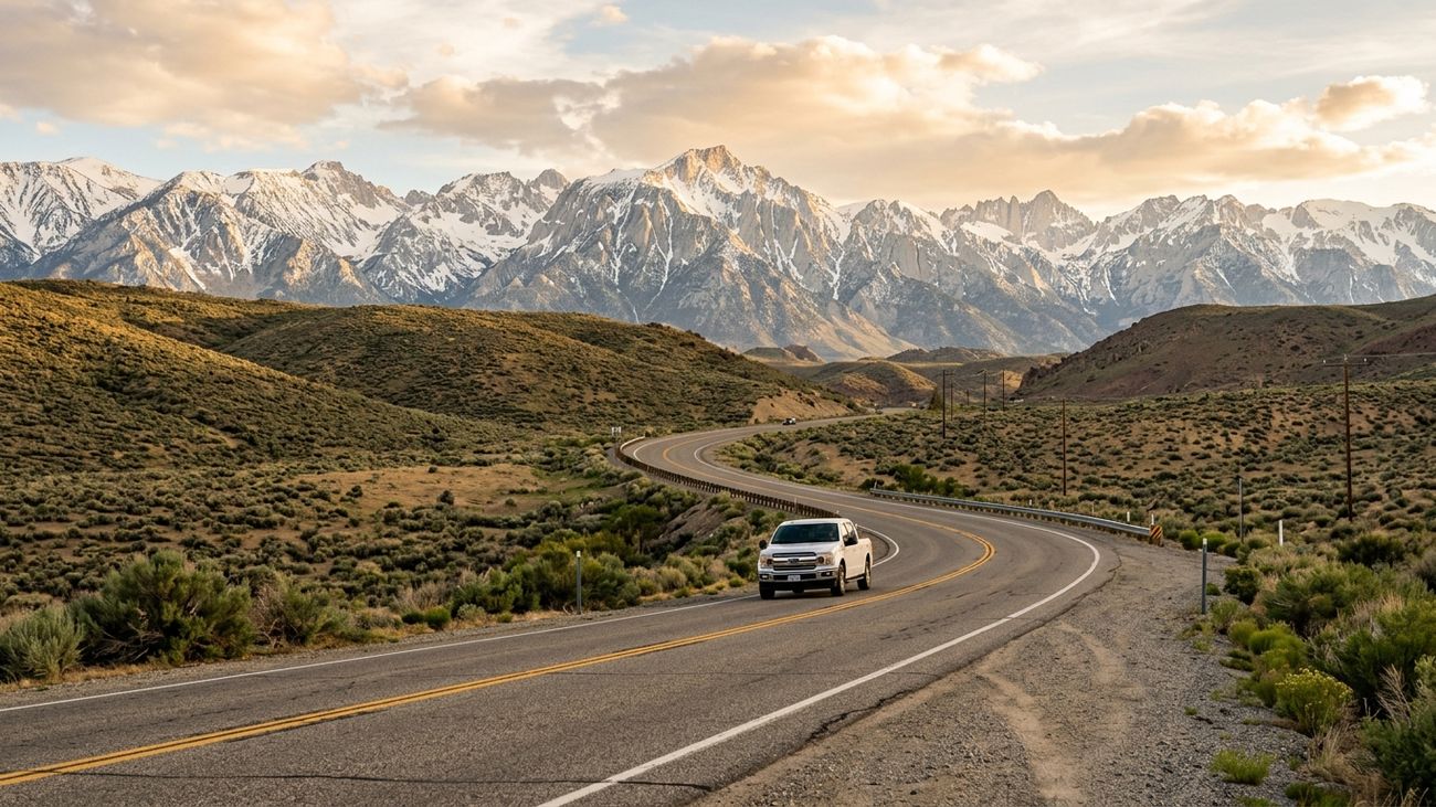 US Route 395 winding beneath snow-capped Mount Whitney in the Eastern Sierra