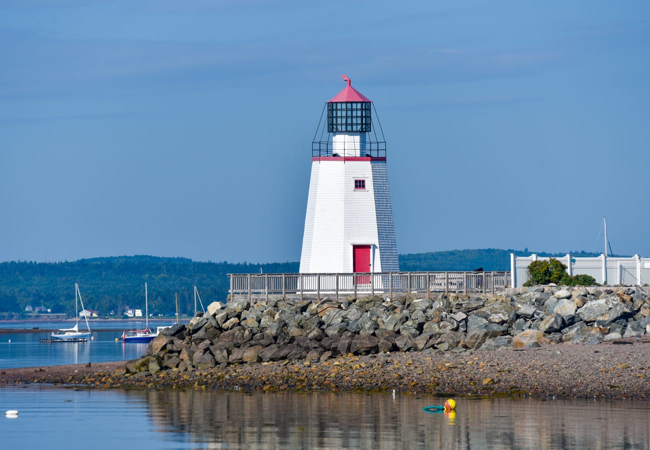 Historic Pendlebury Lighthouse overlooking the Passamaquoddy Bay in St. Andrews by-the-Sea