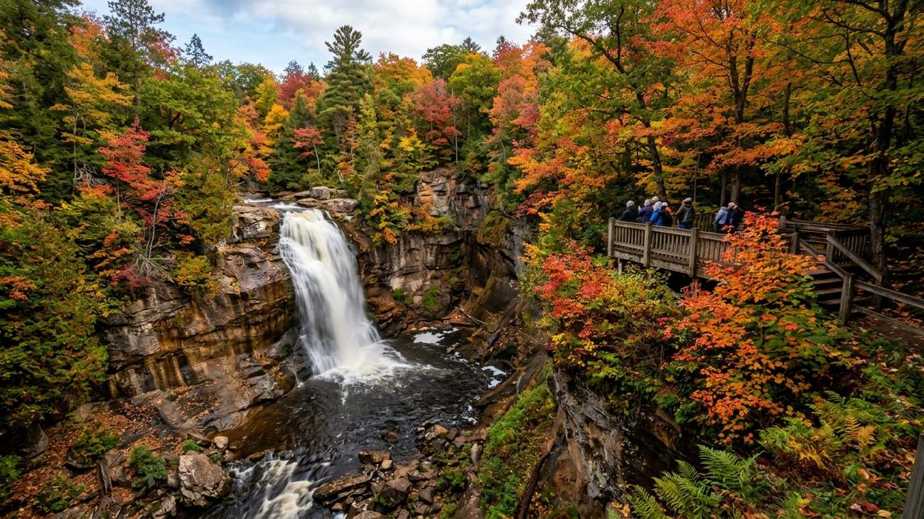 Miners Falls in Pictured Rocks plunging 50 feet over sandstone into a rocky gorge in autumn