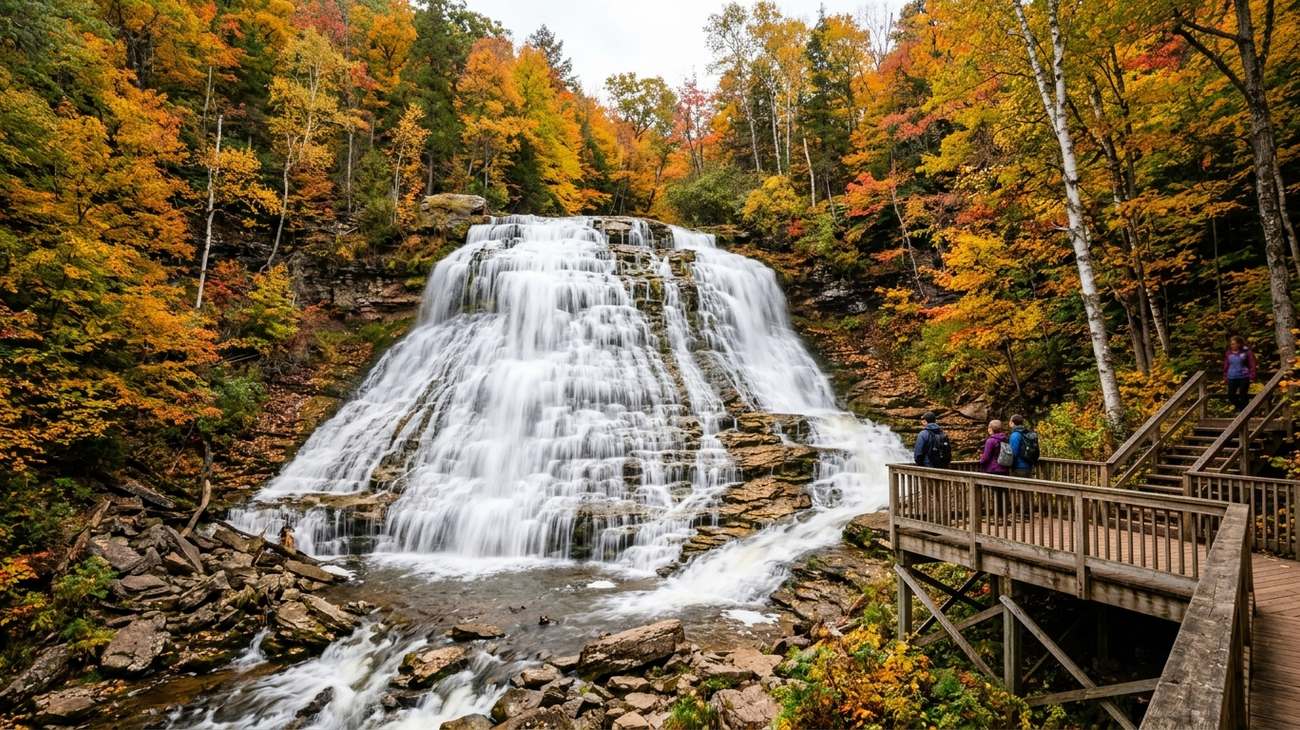 Laughing Whitefish Falls stepping down a massive 100-foot tiered limestone slide in autumn