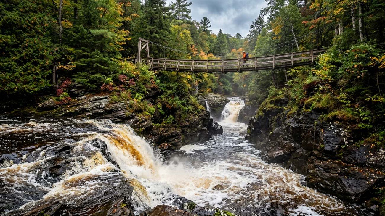 Presque Isle River waterfalls rushing under a wooden suspension bridge in the Porcupine Mountains