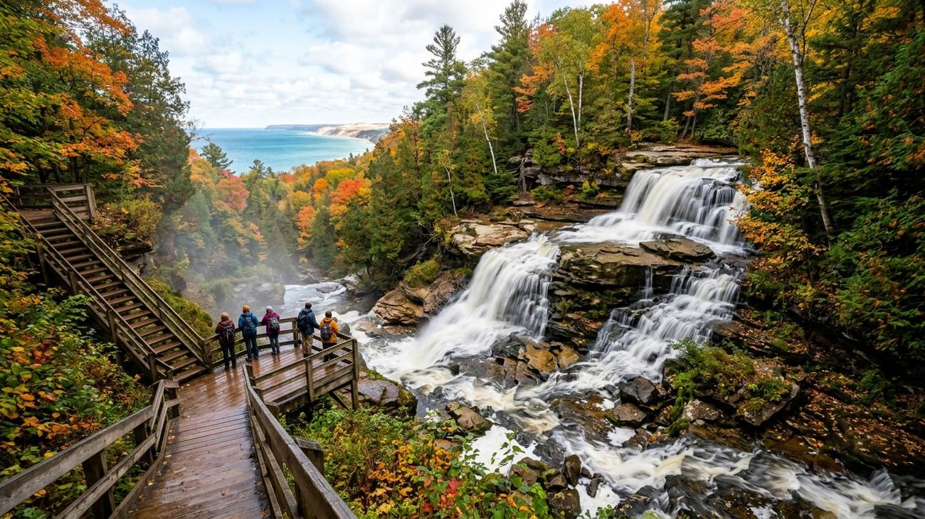 Sable Falls cascading down sandstone ledges towards the sand dunes of Lake Superior in Grand Marais