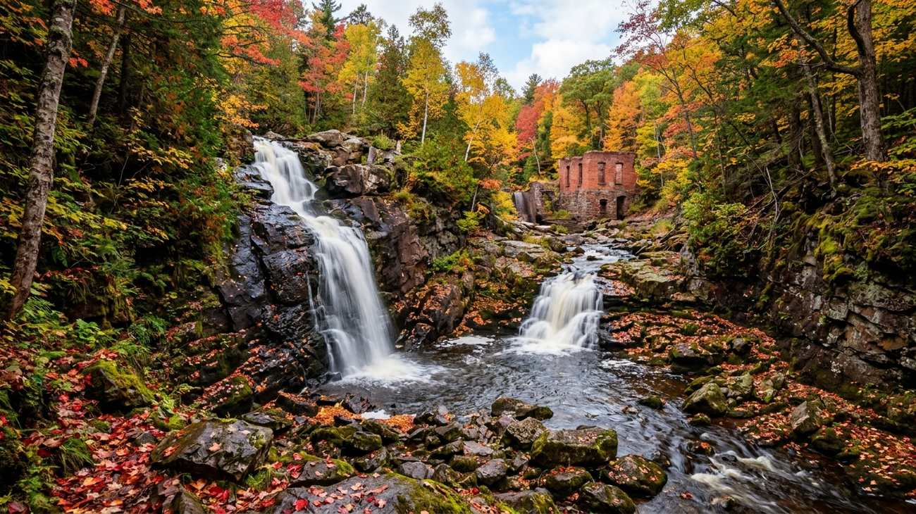 Hungarian Falls cascading over Jacobsville sandstone with historic brick copper mining ruins in the background