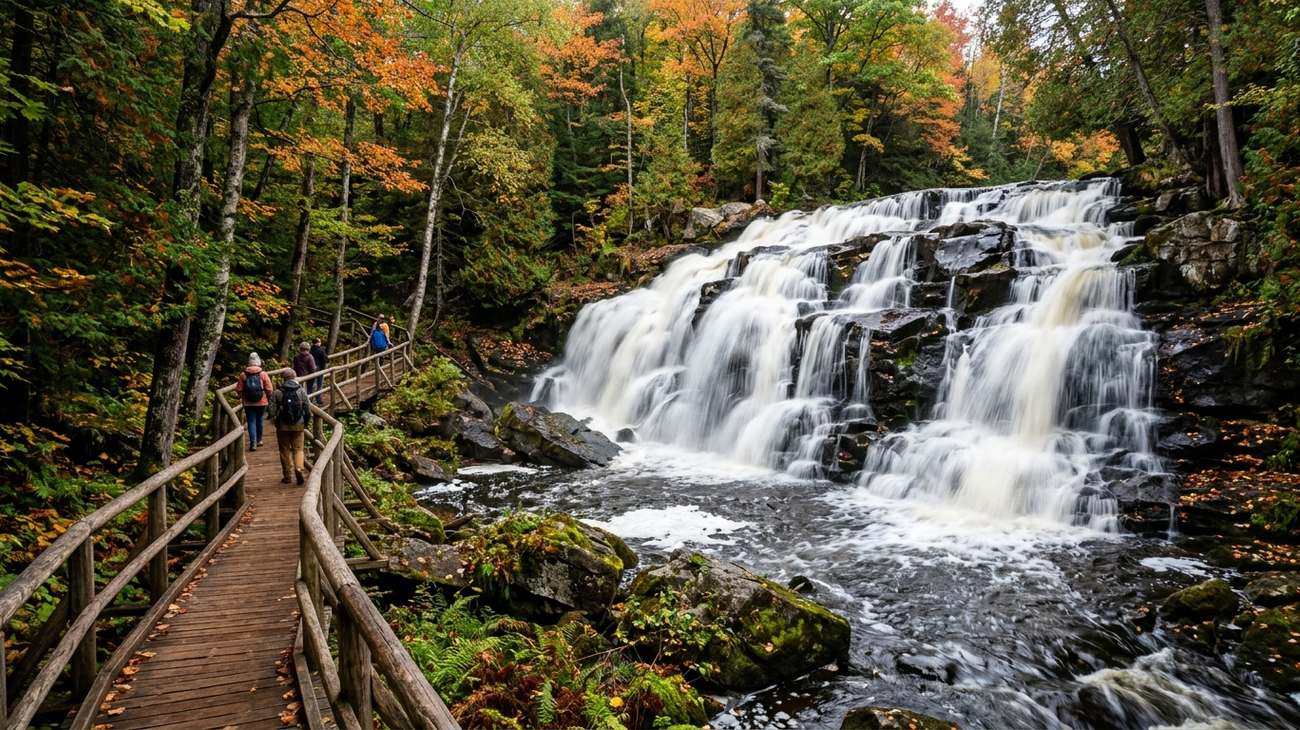 Bond Falls in Michigan Upper Peninsula with broad multi-tiered cascades tumbling over basalt rock ledges with autumn trees