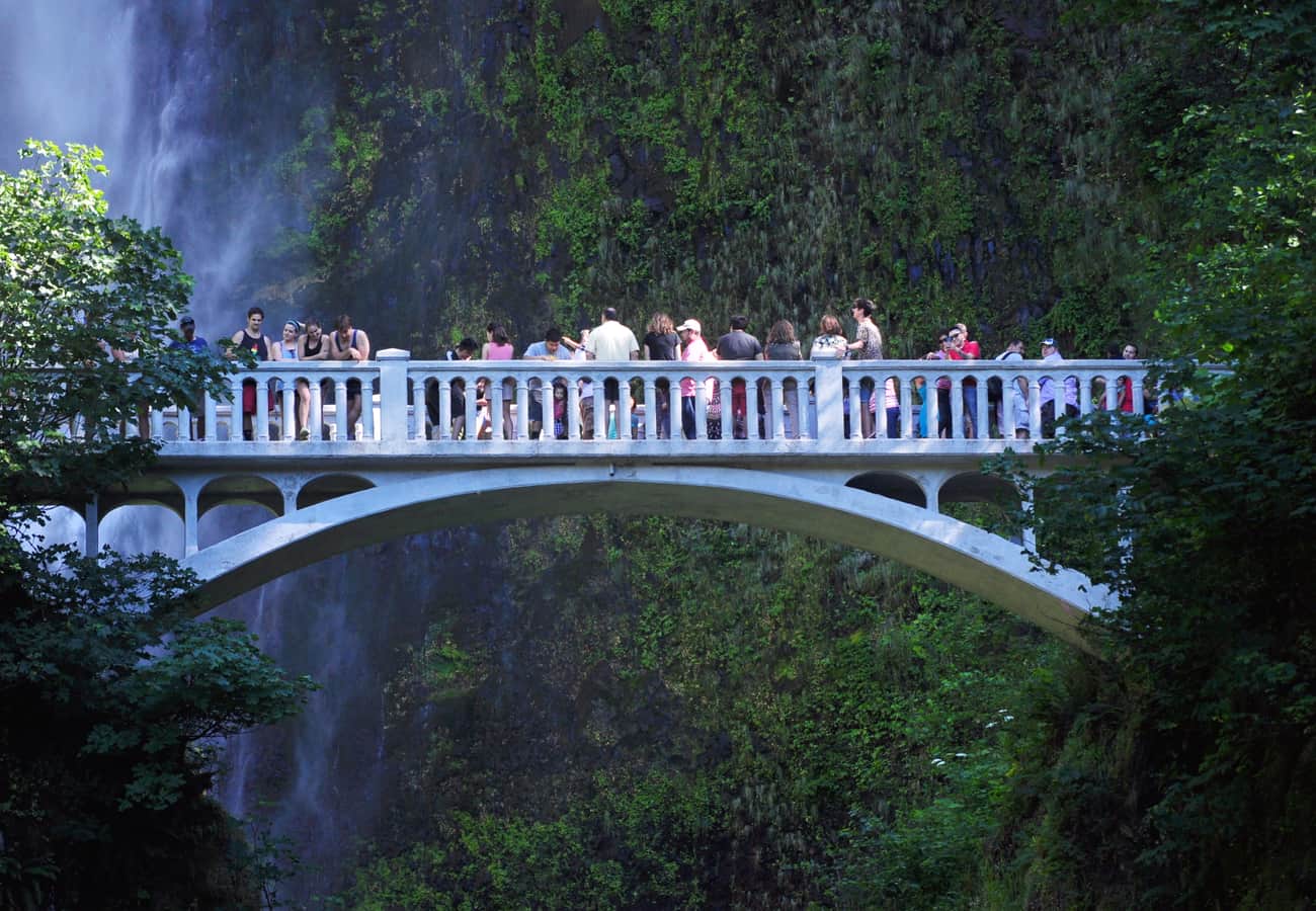 Multnomah Falls cascading past the historic Benson Bridge