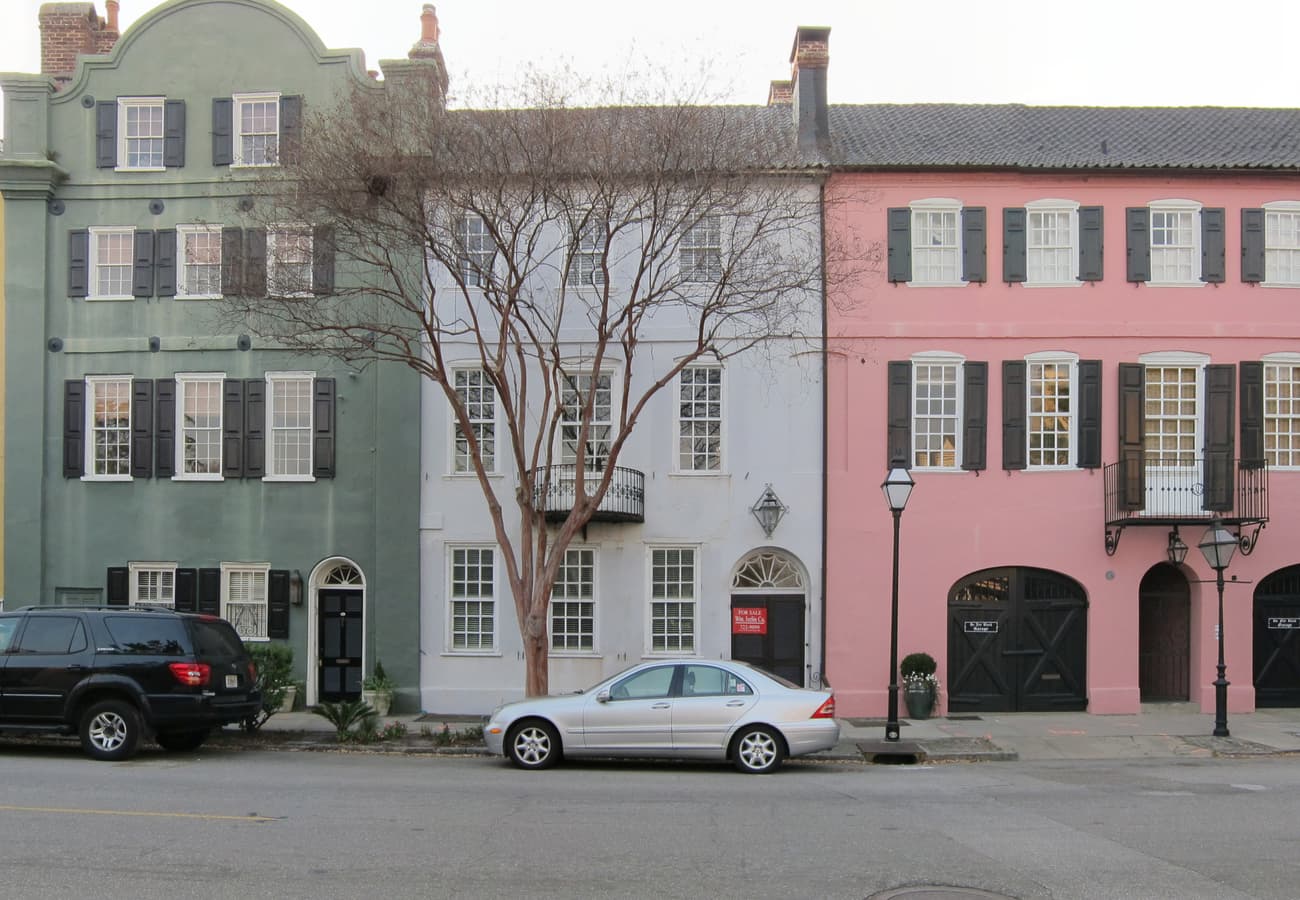 Pastel historic houses of Rainbow Row in Charleston South Carolina