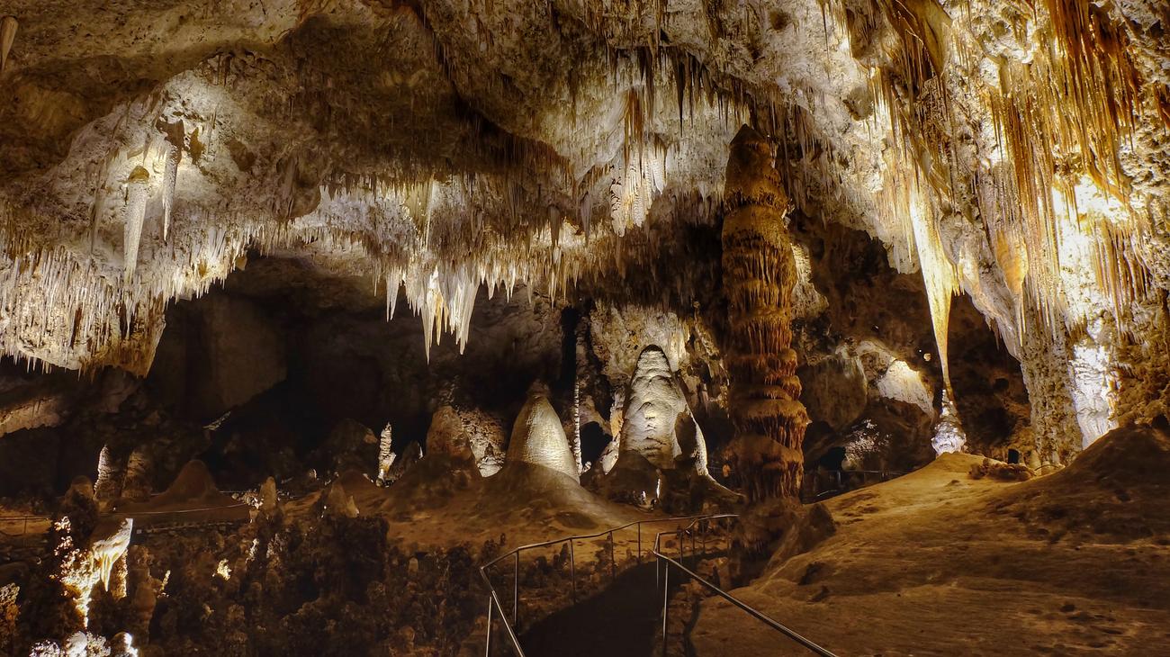 Towering limestone stalagmites and massive chambers in the Big Room at Carlsbad Caverns National Park