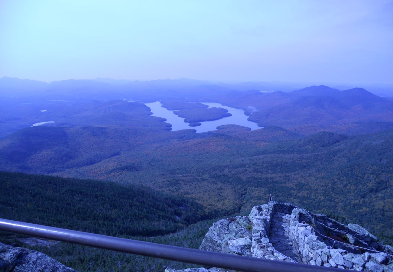 Panoramic vista of Lake Placid and the High Peaks from the summit of Whiteface Mountain