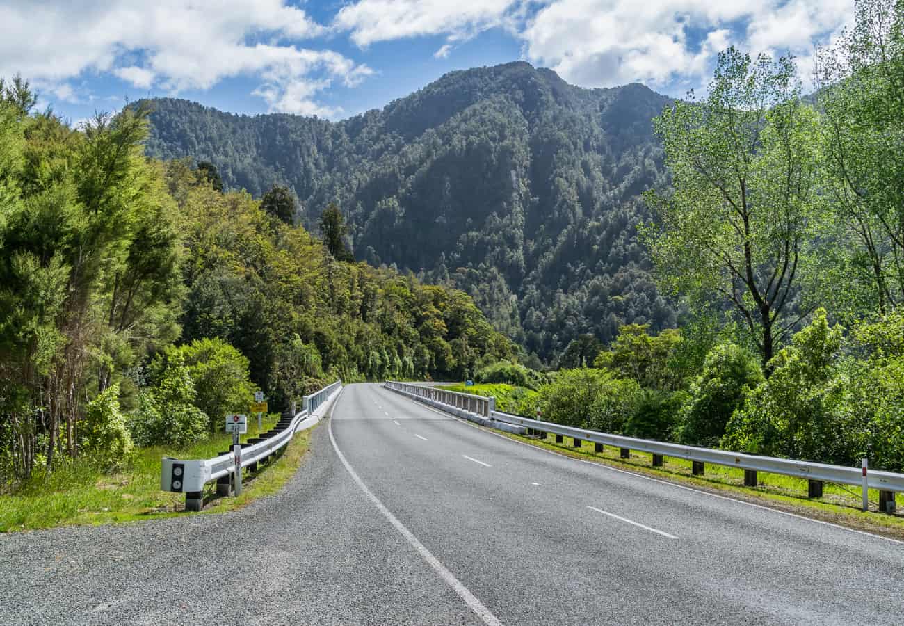State Highway 6 hugging the coastal cliffs of the Lower Buller Gorge