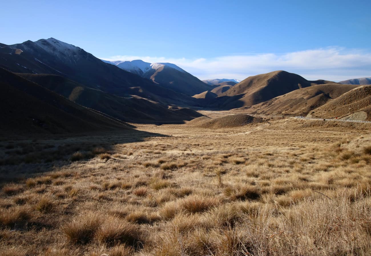 Golden tussock grass hills rolling across the Lindis Pass in Central Otago