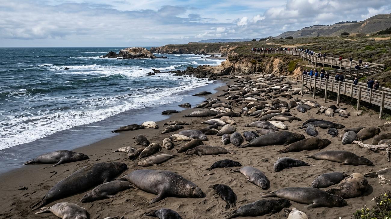 Thousands of wild northern elephant seals hauled out on the sand at Piedras Blancas Rookery in San Simeon