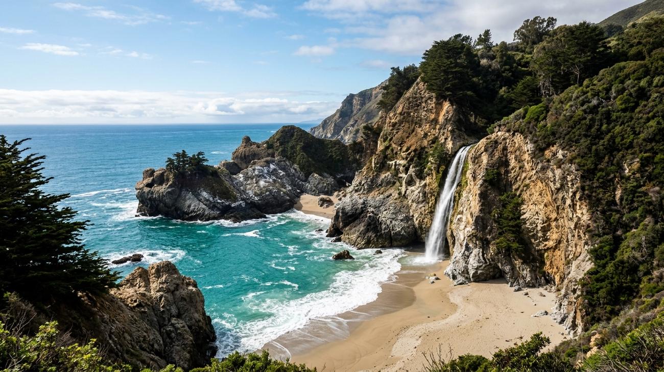 McWay Falls plunging 80 feet from granite cliffs onto an untouched sandy cove in Big Sur California