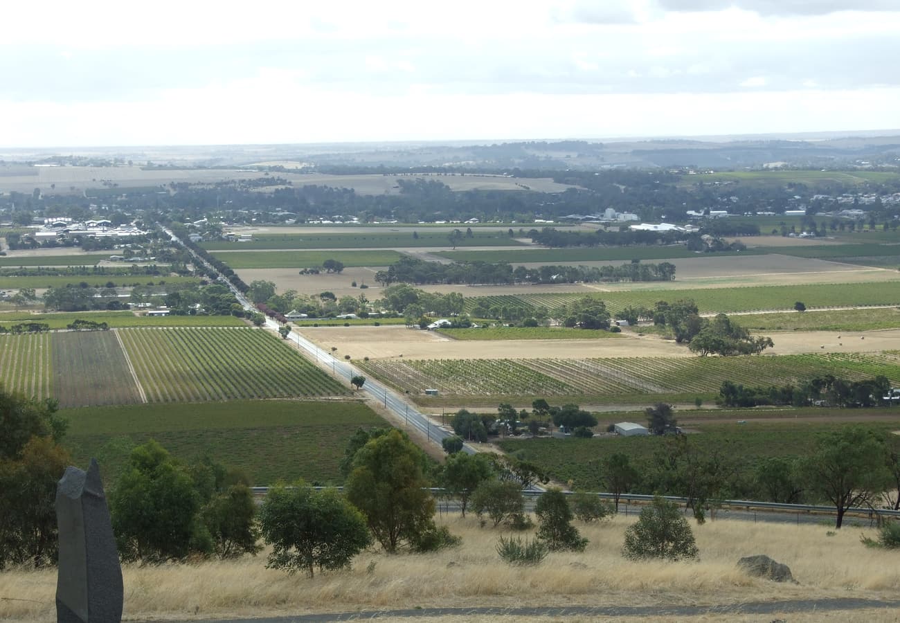 Rolling vineyard hills and historic stone winery estates in the Barossa Valley
