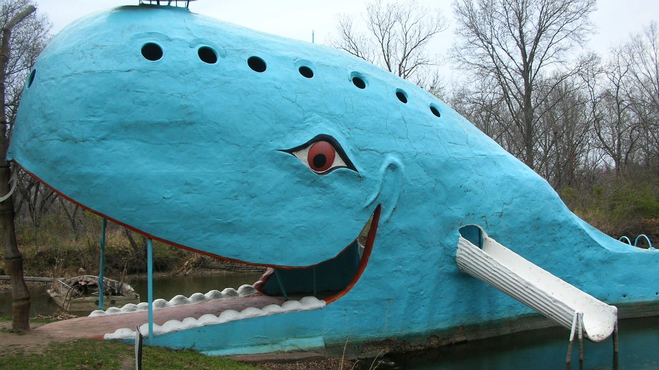 The iconic Blue Whale of Catoosa resting peacefully in its pond along Route 66 in Oklahoma
