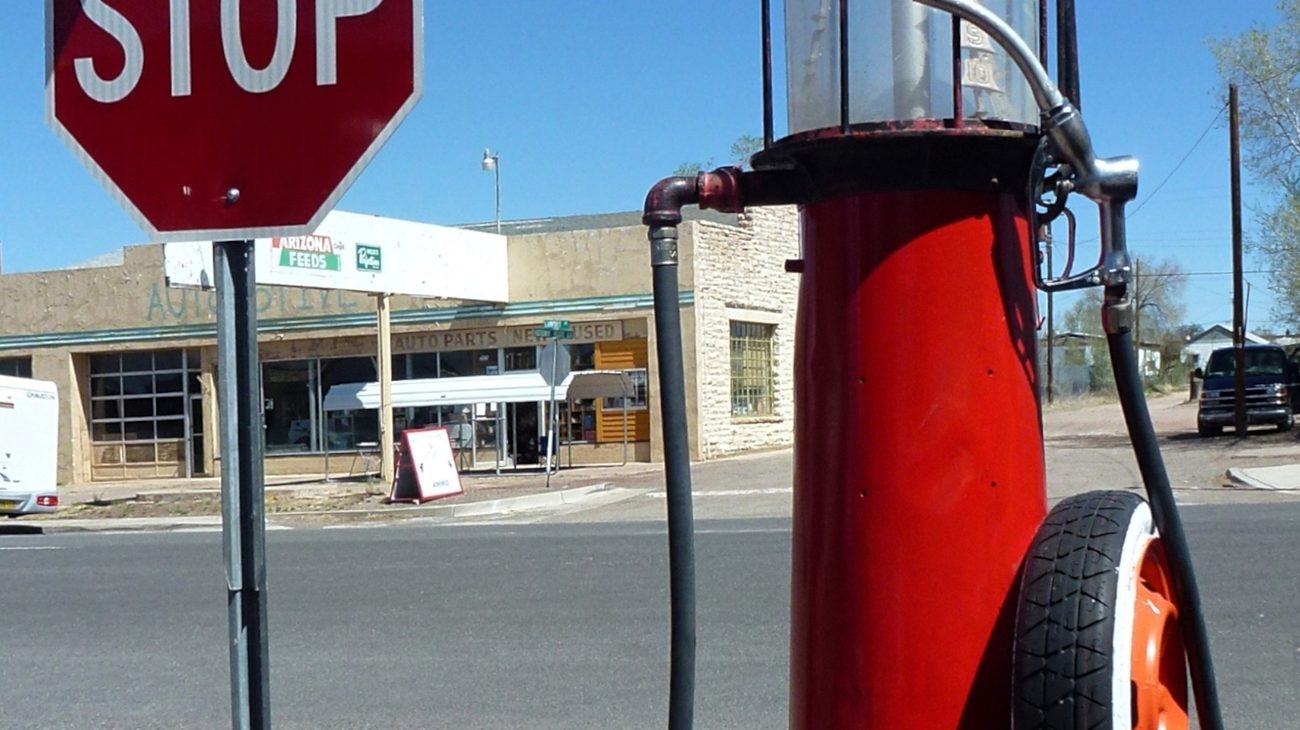 Historic gasoline pumps and vintage signs at Delgadillo's Snow Cap in Seligman along Route 66