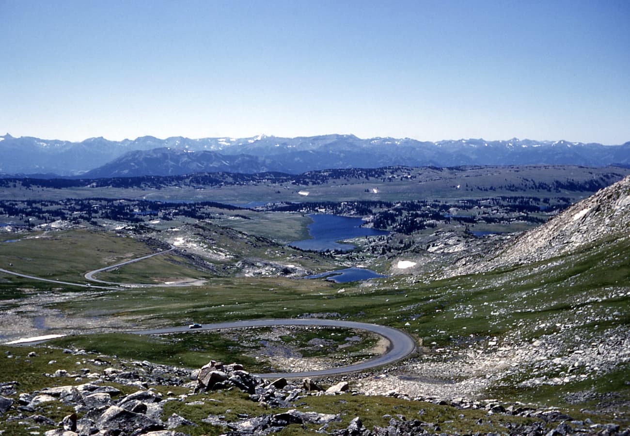 Sweeping switchbacks climbing Beartooth Pass along US Route 212