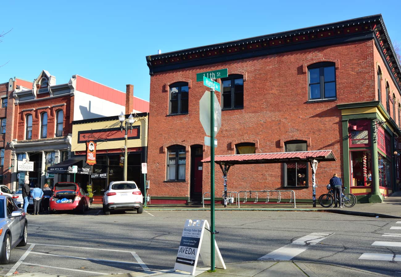 Historic brick storefronts in the Fairhaven Historic District in Bellingham Washington