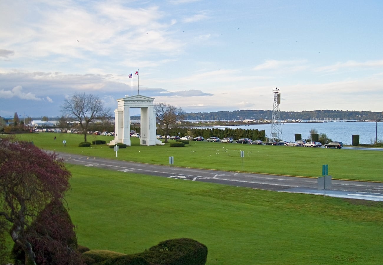 Peace Arch monument standing on the international boundary line between the United States and Canada