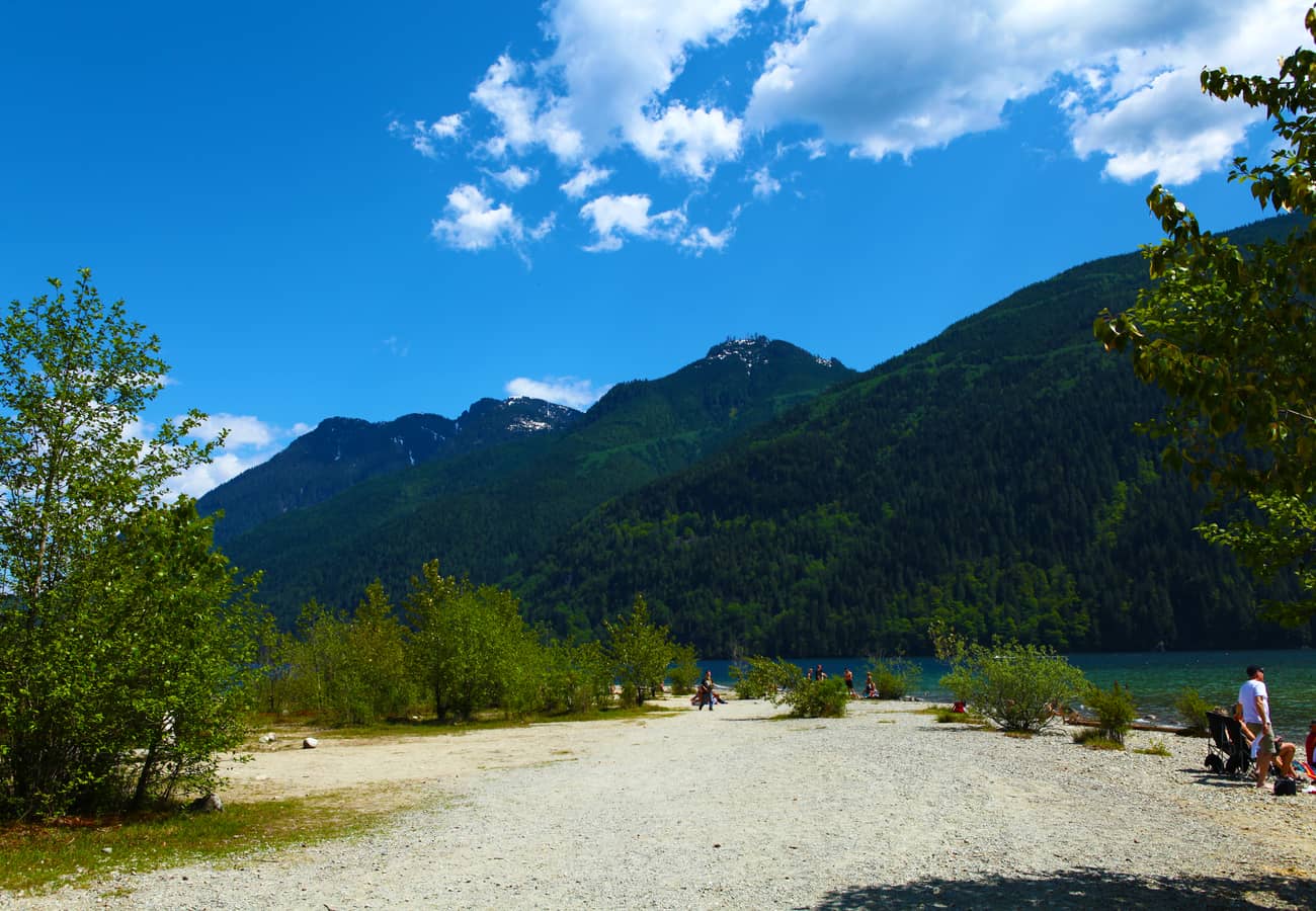 Clear mountain waters and forested shores of Alouette Lake in Golden Ears Provincial Park
