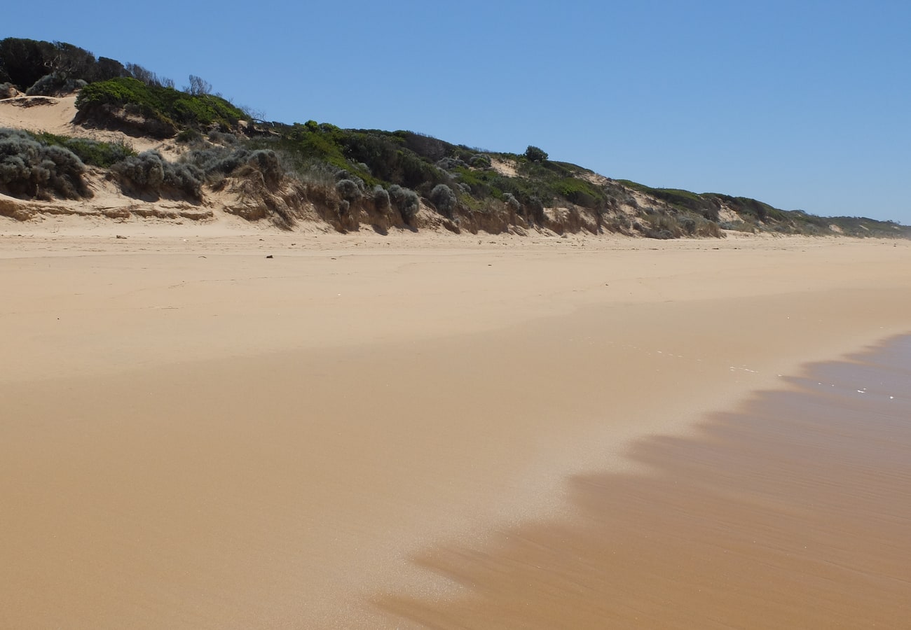 Unbroken golden sand of Ninety Mile Beach stretching toward the ocean horizon