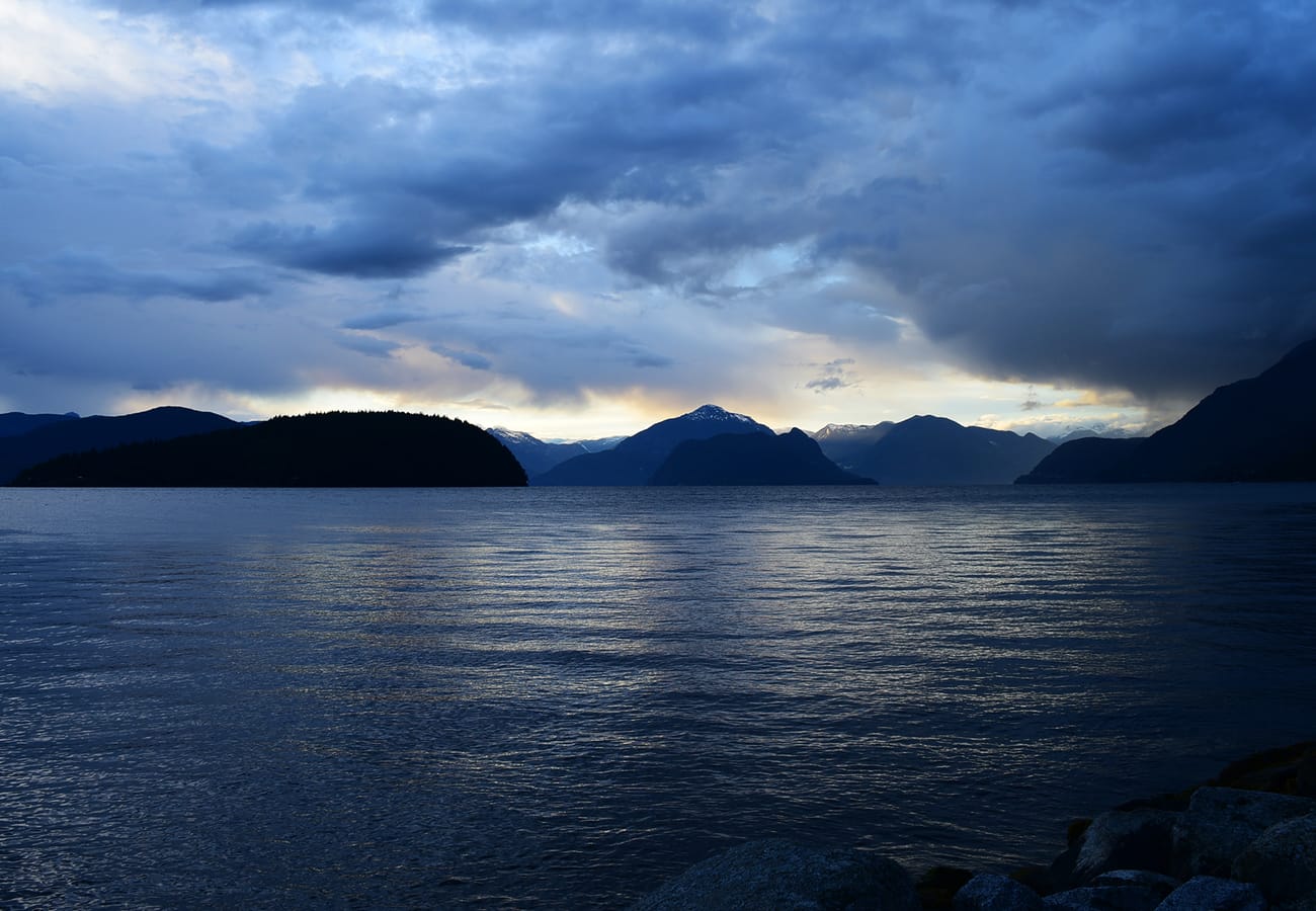 The Sea-to-Sky Highway BC-99 winding along the glacial waters of Howe Sound north of Vancouver