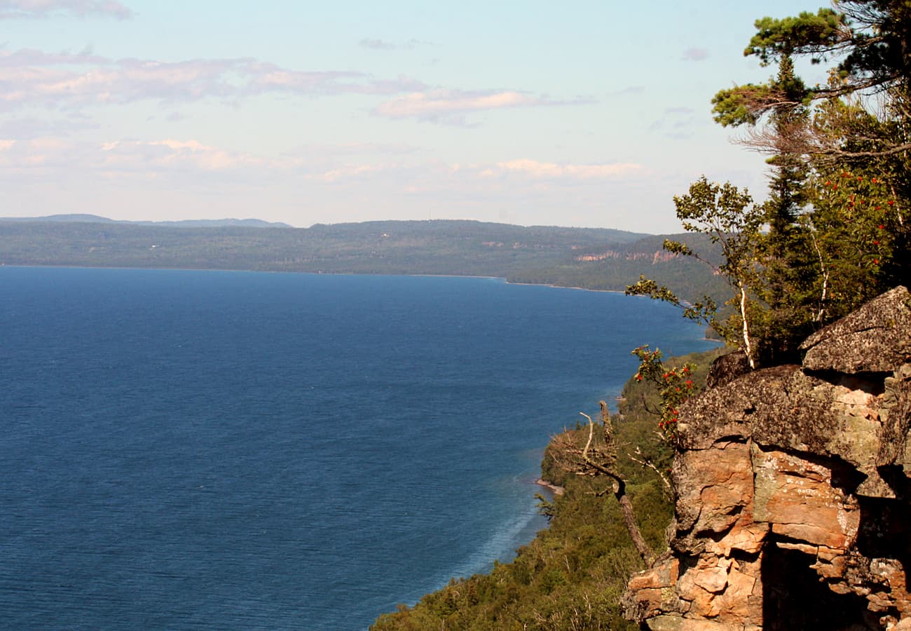 Dramatic rugged coastal headlands rising over Lake Superior near Thunder Bay